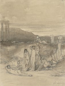 Paysage classique avec figures nues allongées, debout et assises et une ruine de temple