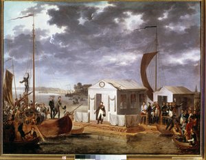 Entrevue de Tilsit entre Napoléon Ier et le Tsar Alexandre Ier de Russie sur le fleuve Niémen le 25 juin