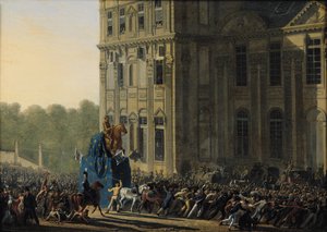 Transport de la statue de Henri IV (1553-1610) devant le pavillon de Flore du Louvre, 1818 - Adolphe Roehn