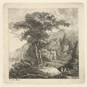 Paysage montagneux avec arbres, château et deux figures - Adriaan Jacob Willem van Dielen