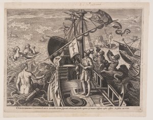 Christophe Colomb sur son navire, extrait de Americae Retectio (La découverte de l