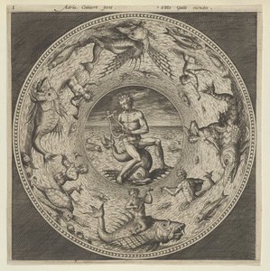 Conception pour une assiette avec Arion chevauchant un dauphin dans un médaillon bordé de monstres marins - Adriaen Collaert