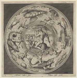 Design pour une Assiette avec Neptune dans une Coquille Tirée par des Chevaux dans un Médaillon Bordé par..., vers 1600 - Adriaen Collaert