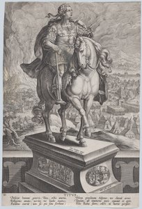 Planche 11 : statue équestre de Titus, vue aux trois quarts à droite, Mont Vésuve, vers 1587-89 - Adriaen Collaert