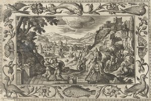 Rébecca et Éliézer au puits (Paysages avec scènes bibliques, mythologiques et de chasse) - Adriaen Collaert