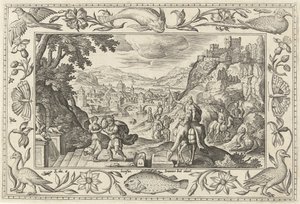 Rébecca et Éliézer au puits (série: Paysages avec scènes bibliques, mythologiques et de chasse) - Adriaen Collaert