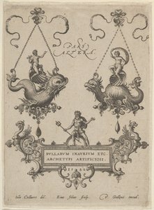 Planche de titre avec deux pendentifs au-dessus et Neptune debout sur un cartouche en dessous, 1582 - Adriaen Collaert