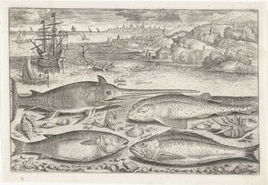 Quatre poissons sur la plage - Adriaen Collaert
