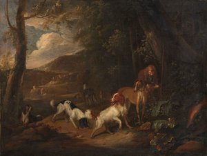 Chasseur avec chiens à la lisière d