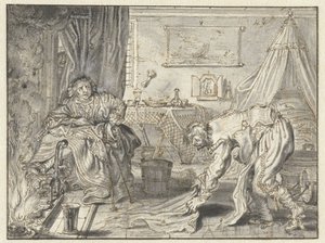 Homme nettoyant le sol pendant que sa femme est assise près de la cheminée - Adriaen Pietersz van de Venne