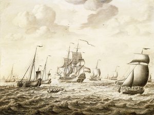 Un navire de guerre hollandais tirant une salve - un Penschilderij - Adriaen van Salm