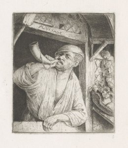 Boulanger soufflant dans une corne à une porte