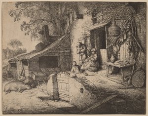 Ferme avec une famille paysanne devant la porte d
