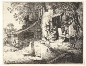 Femme filant devant une maison de paysan - Adriaen van Ostade
