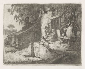 Femme filant devant une maison - Adriaen van Ostade