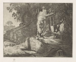 Femme filant devant une maison