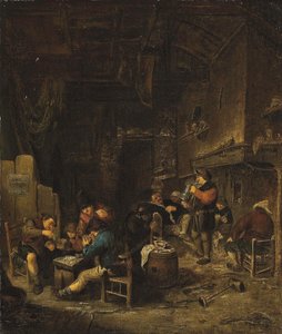 Intérieur de taverne avec des paysans jouant aux cartes, fumant et buvant - Adriaen van Ostade