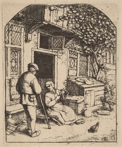 Deux paysans devant une maison, la femme pelotonne de la laine - Adriaen van Ostade