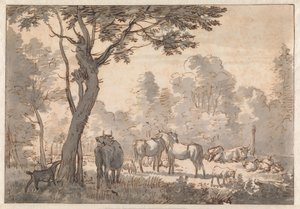 Paysage boisé avec chevaux, vaches et chèvres - Adriaen van de Velde