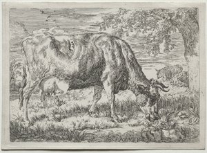 Vache et deux moutons au pied d