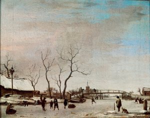 Rivière gelée avec patineurs. Peinture d