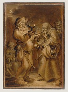 Scène moralisatrice avec une vieille femme et un homme