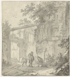 Vue des ruines antiques avec un dessinateur, son compagnon et un chien