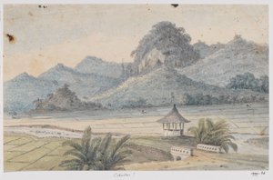 Paysage près de Cibodas avec pont et pavillon, Java occidental