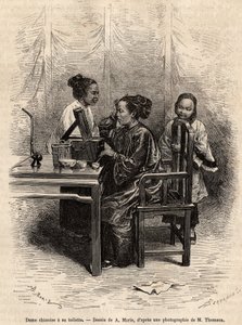 Dame chinoise à sa toilette (illustration du voyage à Pékin et en Chine du Nord, par T. Choutze, 1873, publié dans "Le tour du monde" 1876)