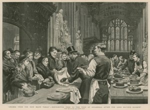 Distribution de nourriture aux pauvres à Guildhall après le banquet du Lord Maire (gravure)