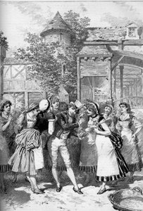 Le beau Nicolas entouré par les filles du village. Juliette Simon-Girard (Simon Girard) (1859-1959) dans le rôle de Nicolas pour l