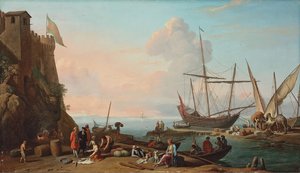 Un port méditerranéen avec des débardeurs déchargeant leurs navires, des figures vendant du poisson au premier plan près d