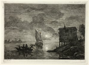 Scène de port au clair de lune avec ferry