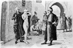 Gravure par Adrien Moreau (1843-1906) illustrant « Candide » de François Marie Arouet dit Voltaire (1694-1778)