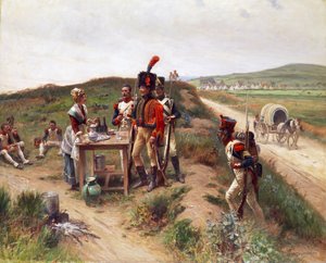 Soldats chez une jeune marchande au repos
