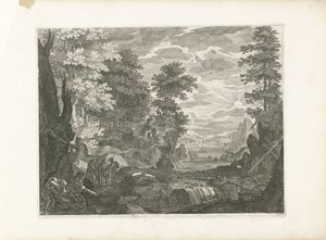 Cascade avec une ville en arrière-plan - Aegidius Sadeler (II) (attributed to)