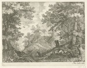 Paysage forestier avec deux chasseurs et un chien - Egidius  Sadeler (II)