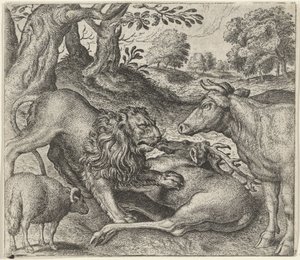 Fable du lion, de la vache et du mouton à la chasse - Egidius  Sadeler (II)