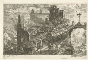 Houten kruis aan oude stadspoort (Acht landschappen uit Bohemen)