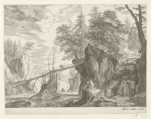 Dessinateur assis sur une pierre devant un pont - Egidius  Sadeler (II)