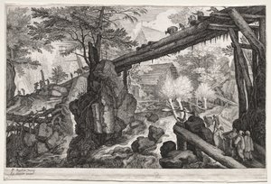 Huit paysages bohèmes : Paysage avec pont de rondins sur une cataracte - Aegidius Sadeler