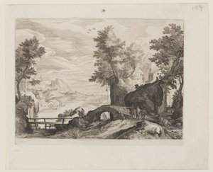 Paysage fluvial avec un pont en pierre et un pont en bois - Aegidius Sadeler II
