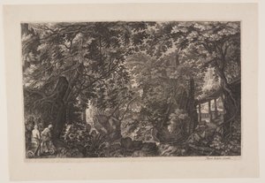 Scène huit : Une forêt avec un pont en bois, extrait de Huit scènes de Bohême - Aegidius Sadeler II