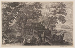 Scène 1 : Moulin à eau sur une île dans une rivière avec des hommes qui pêchent, extrait de Huit scènes de Bohême