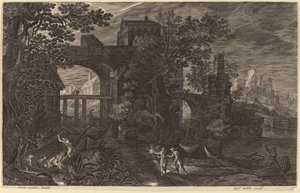 Paysage nocturne avec des pêcheurs de rivière hors des murs de la ville - Aegidius Sadeler II after Pieter Stevens