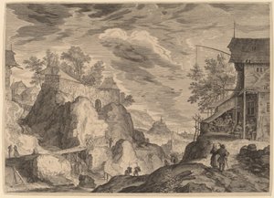 Paysage avec une auberge à droite et une maison sur des rochers à gauche - Aegidius Sadeler II after Roelandt Savery