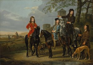 Portrait équestre de Cornelis et Michiel Pompe van Meerdervoort avec leur tuteur et cocher, partant pour la chasse, vers 1652-53 - Aelbert Cuyp