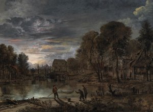 Un paysage nocturne avec des pêcheurs