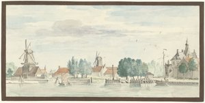 Vue de Dordrecht avec la porte de Rietdijk et des moulins à vent