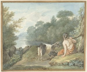 Bergère avec des chèvres dans un paysage avec un lac